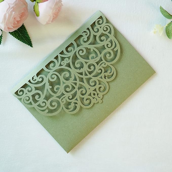 ponatia 5.12 x 7.2 Sage Green Laser Cut Wedding Invitations, 20PCS Tri-Fold 5x7 Trifold Laser Cut Invitation Pockets with Envelopes for Wedding Bridal Shower Engagement (No Inner Sheet)