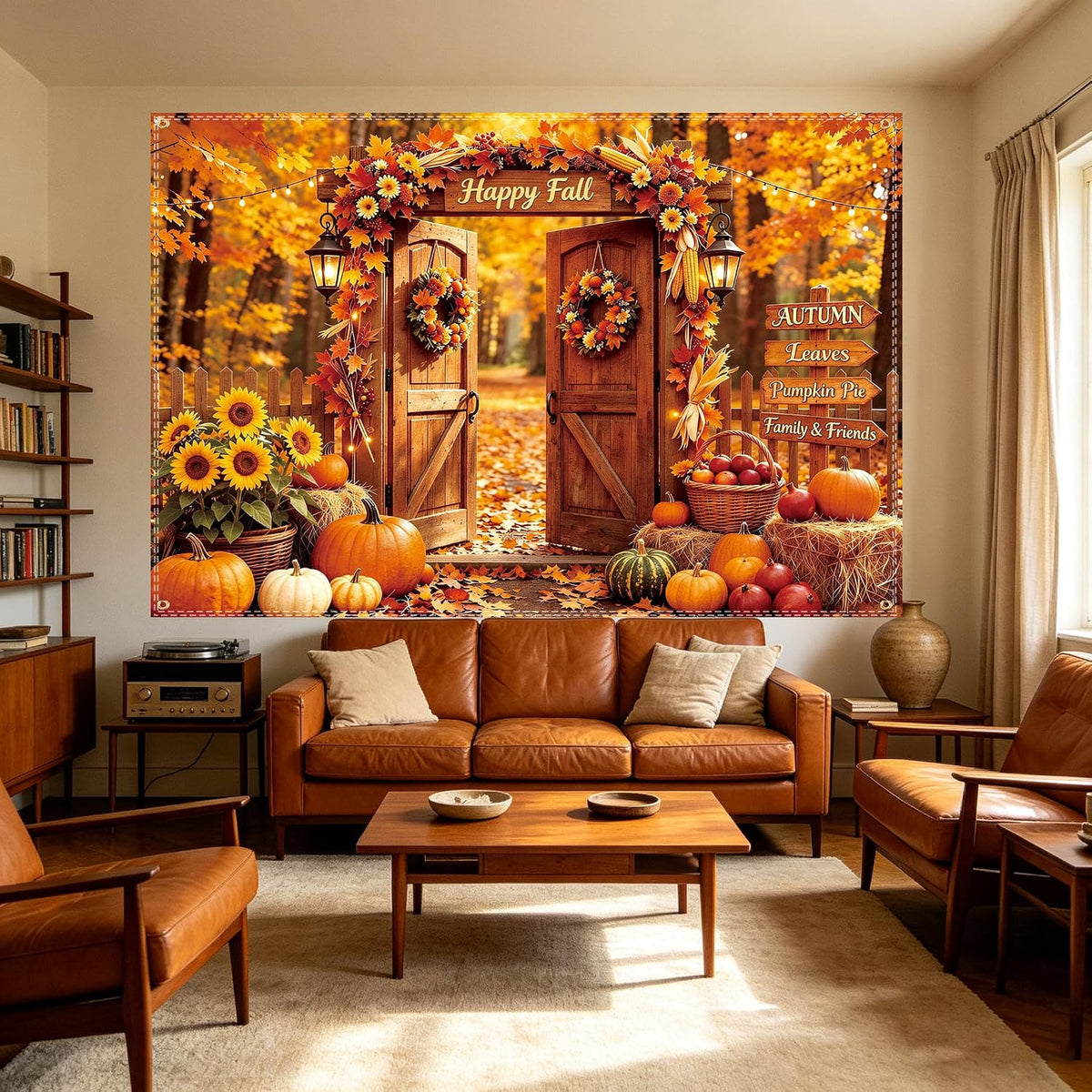 Fall Backdrop 10×6.5ft, with 100 Pcs Red & Yellow Artificial Maple Leaves