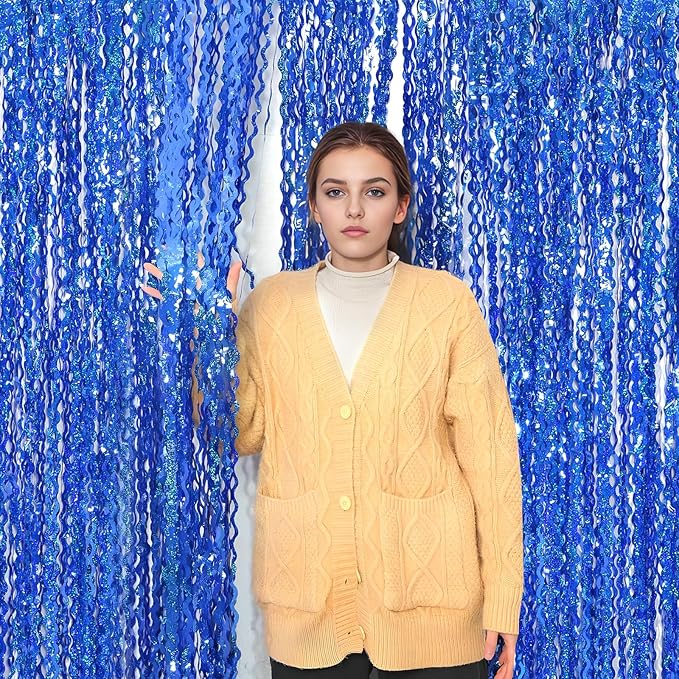 4 Pack 3.3 ft x 6.6 Wavy Sparkle Dark Blue Foil Fringe Backdrop Curtain - Navy Blue Streamer Backdrop Tinsel Curtains for Door Streamers Ocean Birthday Party Decorations Disco Party
