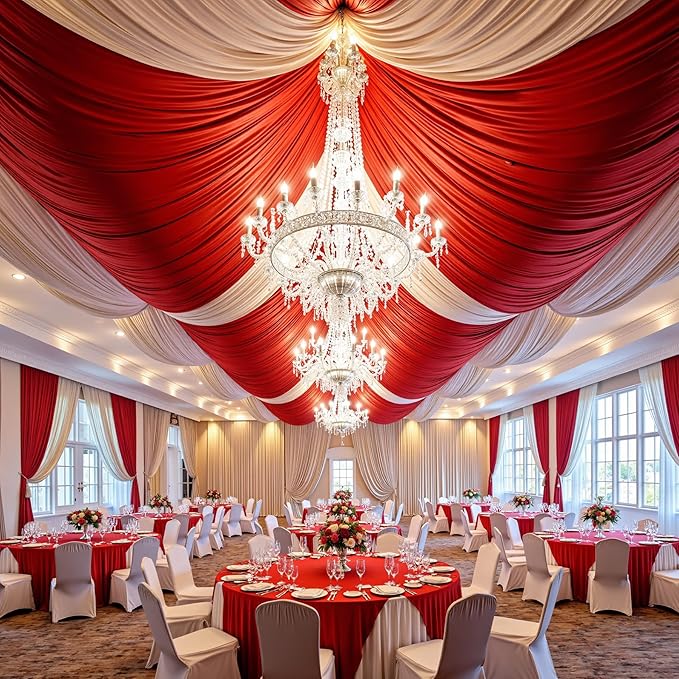 50ft x 15ft Red Wrinkle Free Backdrop Curtains for Parties,Silky Polyester Fabric Wedding Ceiling Drapes, 10 Panels 15ft Photo Back Drop Drapes for Baby Shower Photography Stage Background Cloth