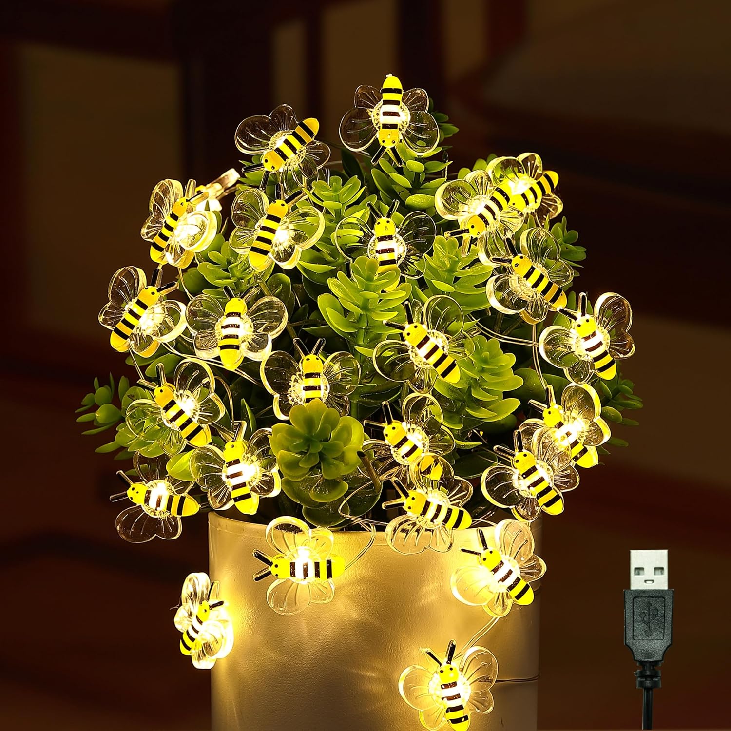 Bee Decor USB String Lights 10Ft 30 LEDs Bee Bumble Whimsical Decorations Honey Gifts for DIY, Home, Classroom, Birthday, Kids Room, Garden, Baby Shower, Party