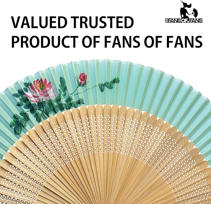 FANSOF.FANS Premium Floral Silk Fabric Border Handheld Folding Fan with Grade A Bamboo Ribs for Women Girls Event Birthday Wedding Favour with Tassel (Single Flower Border - Turqoise)