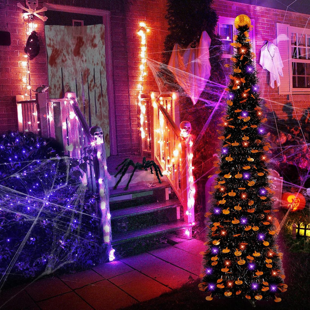6 ft black tinsel halloween tree with lights, package contents