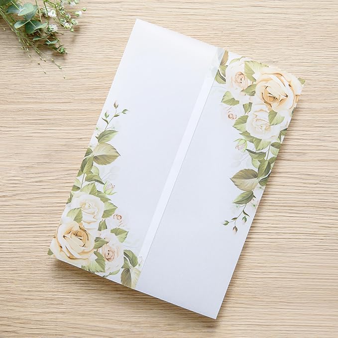 PONATIA 50PCS Vellum Jackets for 5x7 Invitation Cards- 135GSM Champagne Flowers Vellum Sleeves, VVellum Sleeves, 5x7 Clear Jackets - Wedding Invitations Wraps - Transparent Card Jackets
