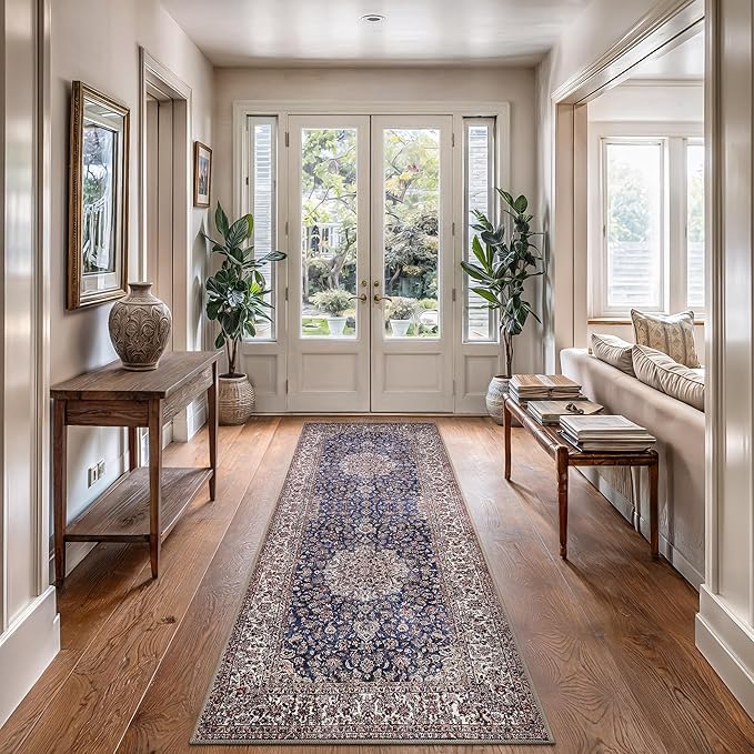 Bloom Rugs Washable Non-Slip 12 ft Runner - Dark Blue/Beige Traditional Medallion Runner for Entryway, Hallway, Bathroom, and Kitchen - Exact Size: 2.5' x 12'
