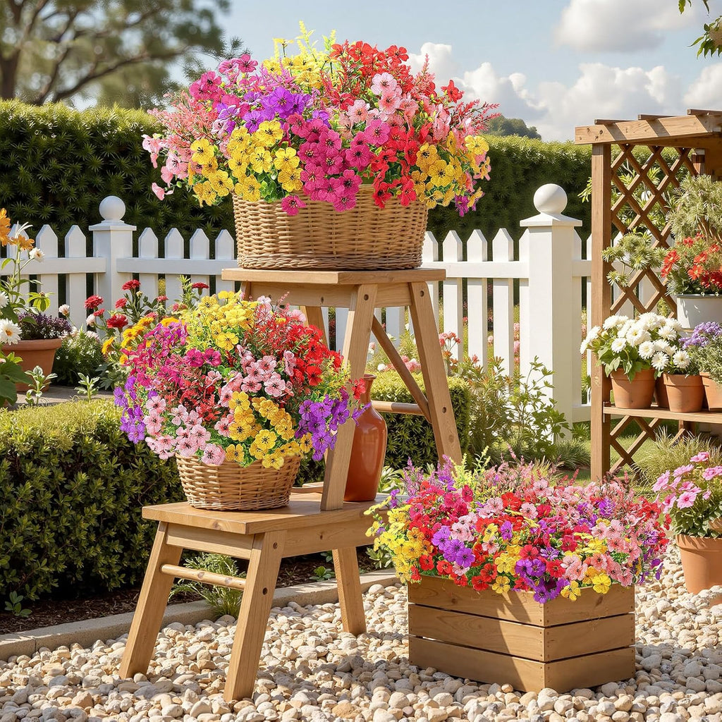 SHareconn 24 Bundles Artificial Flowers for Outdoors Decoration, Faux Plants Fake Silk Colorful Daisy Eucalyptus Lavender, UV Resistant for Outside Home Porch Patio Indoor Spring Decor, Mix 5 Colors