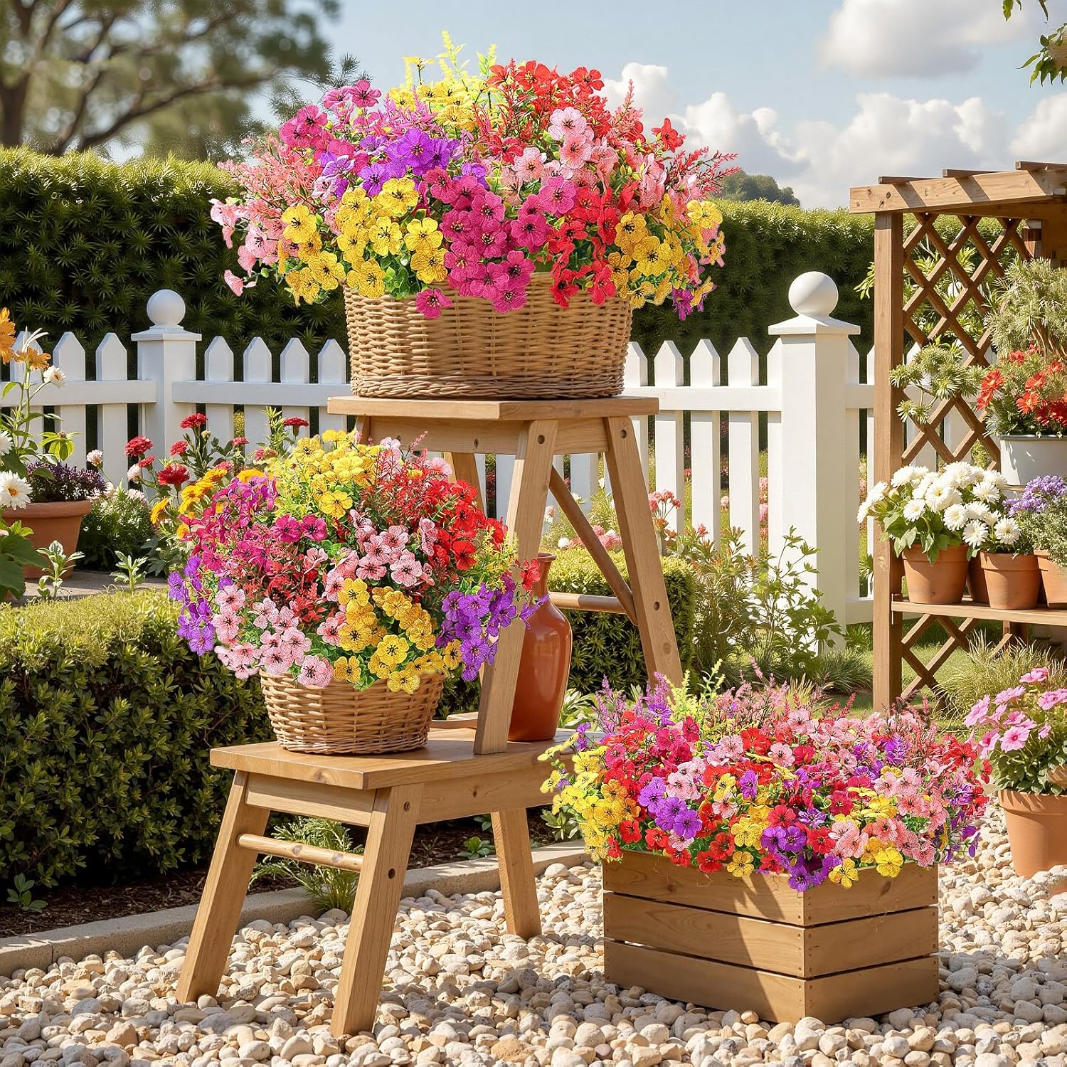 SHareconn 24 Bundles Artificial Flowers for Outdoors Decoration, Faux Plants Fake Silk Colorful Daisy Eucalyptus Lavender, UV Resistant for Outside Home Porch Patio Indoor Spring Decor, Mix 5 Colors