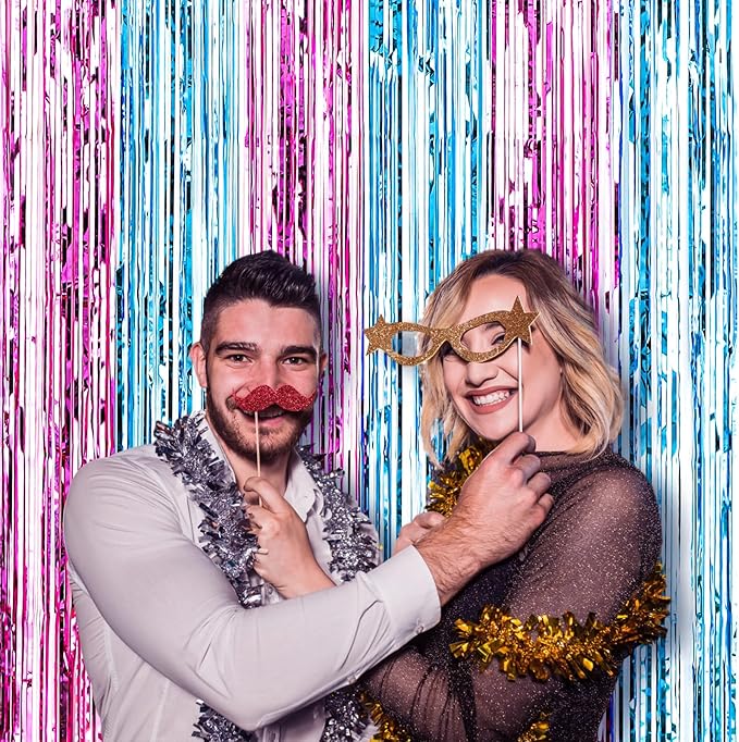 2 Pack 3.3x8.2 Feet Blue and Pink Foil Fringe Backdrop Curtains, Tinsel Streamers Birthday Party Decorations, Fringe Backdrop for Graduation, Baby Shower, Gender Reveal, Disco Party