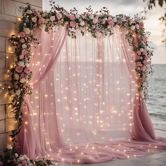 Tulle Backdrop Curtain with Lights String 10FT X 10FT Dusty Rose Sheer Tulle Backdrop Curtains for Wedding Birthday Party Reception Photo Booth Background Decorations (2 Panels 5x10FT)