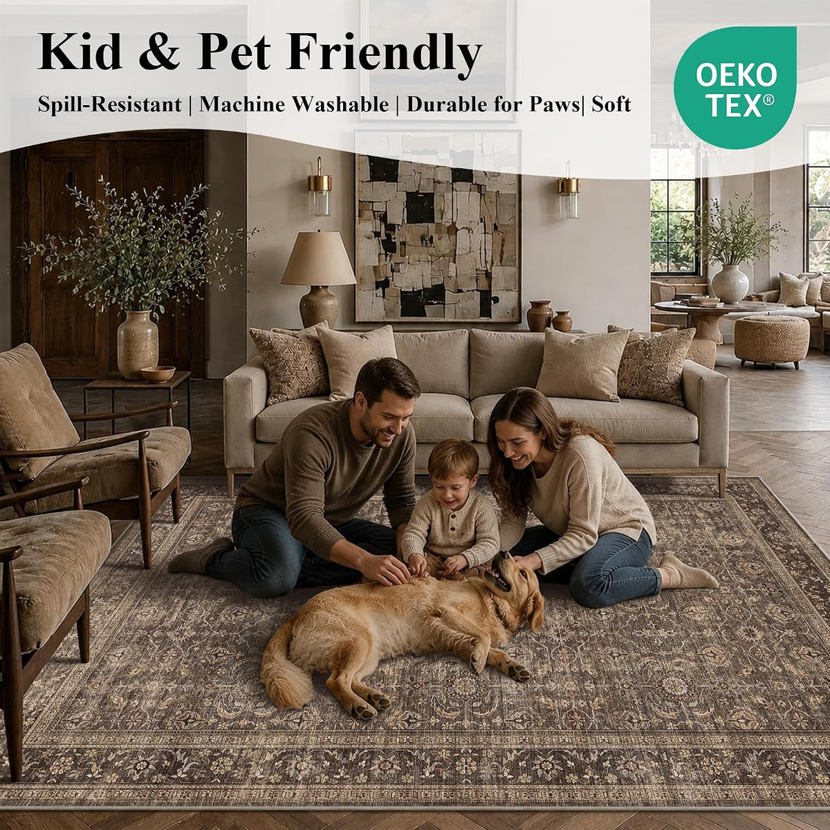 JOOJA 9x12 Dark Brown Vintage Soft Low Pile Washable Boho Large Area Rug