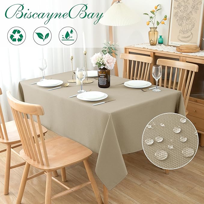 Biscaynebay Textured Fabric Tablecloths 90x132 Inches Rectangular, Natural Water Resistant Tablecloths for Dining, Kitchen, Wedding, Parties etc. Machine Washable