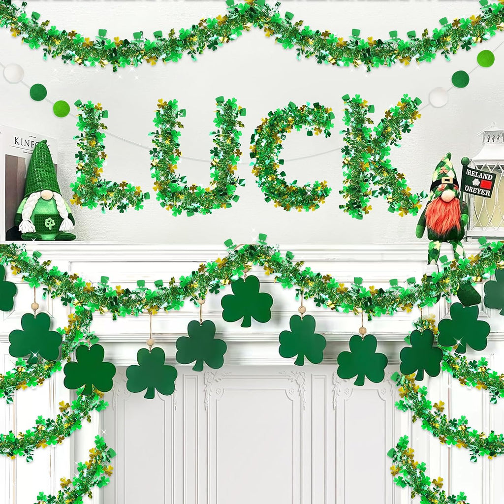 33 FT St Patricks Day Garland Decor Gold Green Shamrock Hat Tinsel Garland, Shiny Metallic Streamer Twist Garland Hanging St Patricks Day Decorations for Home Indoor Outdoor Irish Party Supplies