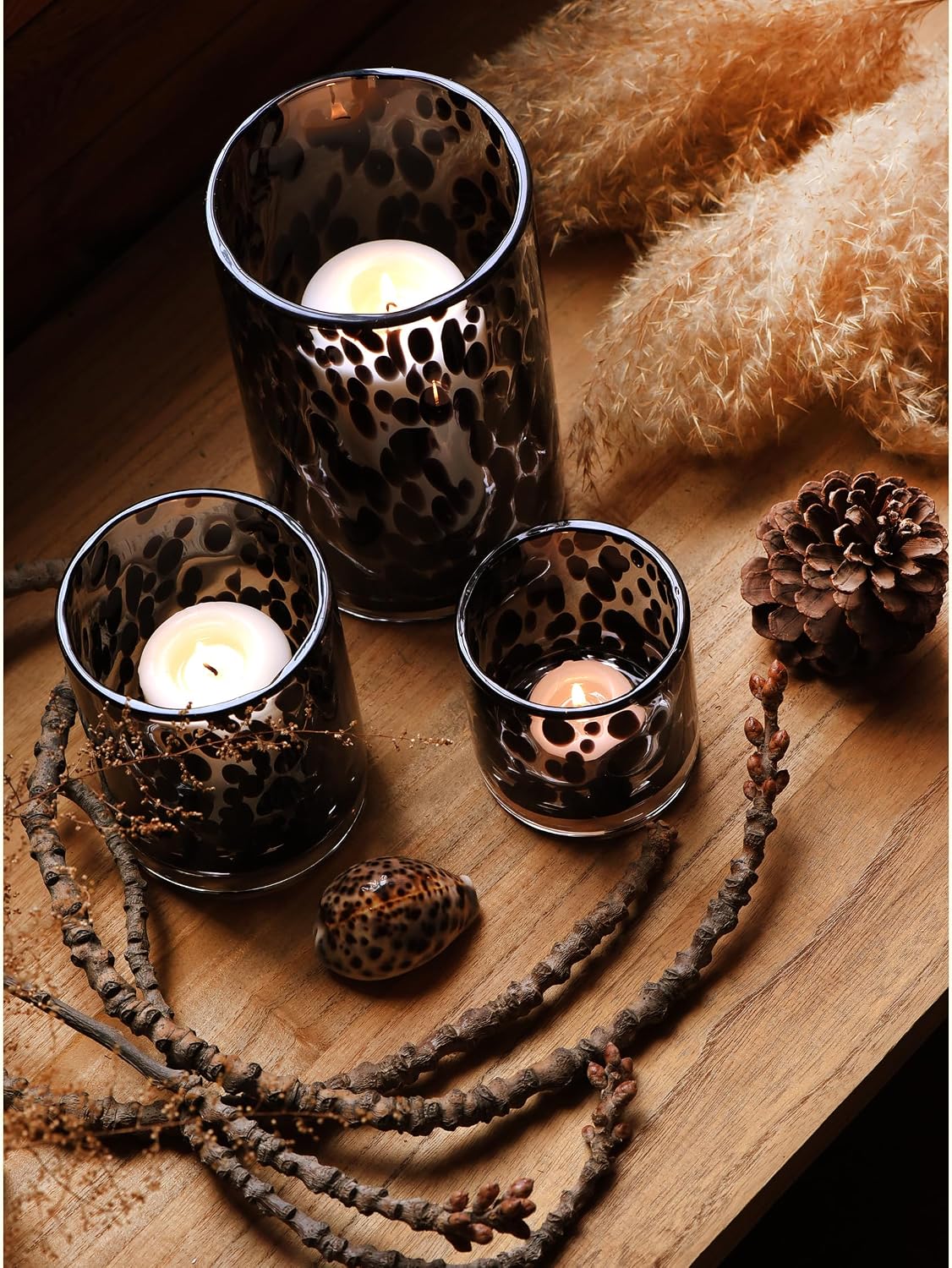 Glass Hurricane Candle Holder Set, Black Tortoise, 3 Piece