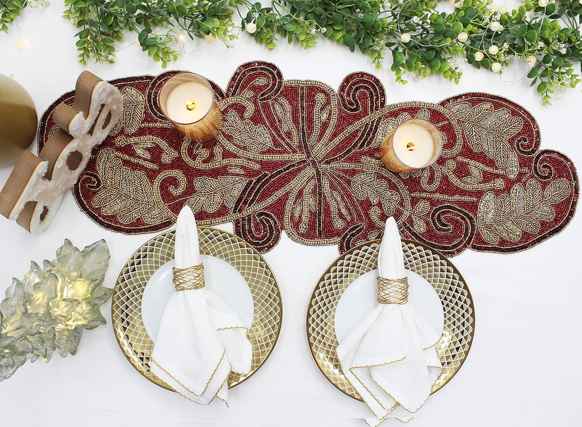 COTTON CRAFT Handmade Beaded Table Runner - 13x36 inches - Red & Gold