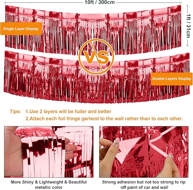 4 Pack Fringe Curtains, Metallic Foil Fringe Garland Shiny Tassel Float Parade Decorations for Trailer Car Graduation Homecoming Outdoor Indoor 4th of July Party (Red)