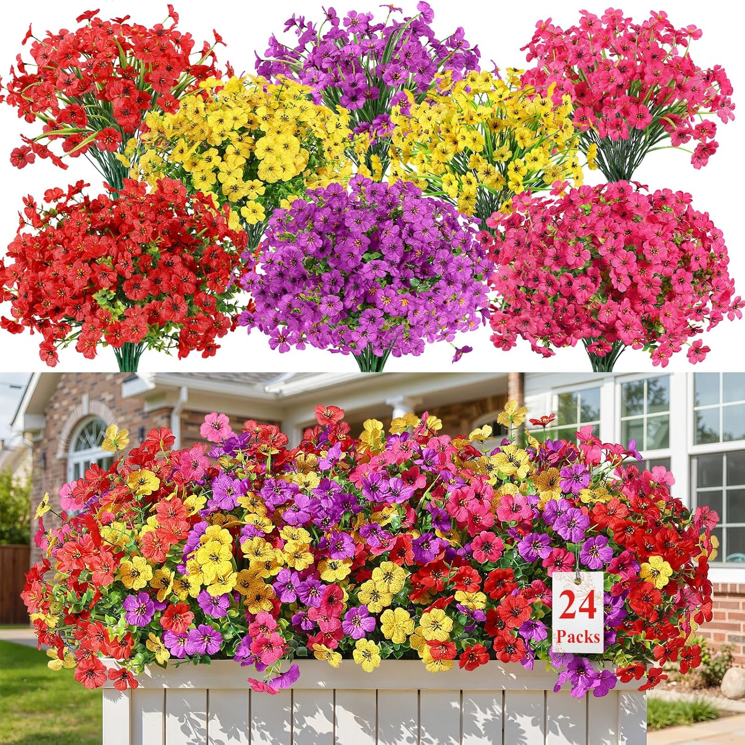 Alupssuc 24 Bundles Artificial Flowers for Outdoors Decoration, UV Resistant Silk Faux Daisy Spring Fake Plastic Plants Greenery for Outside Indoor Garden Yard Home Window Box Decor, Mix 4 Colors