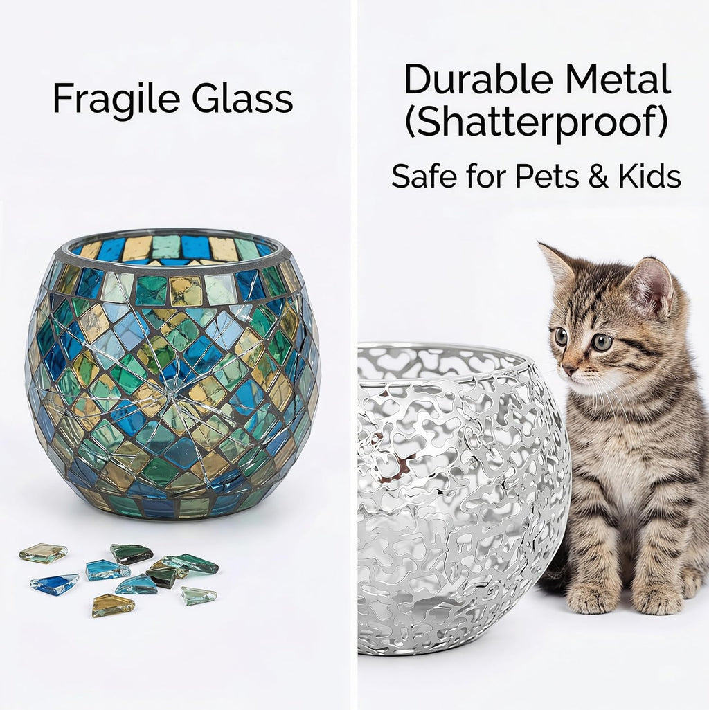 Metal Cut-Out Tealight Candle Holders Set of 2 – Geometric Lanterns for Table Centerpiece & Bathroom Spa – Shatterproof Holiday Decor, Winter Wedding (Gold/Silver)