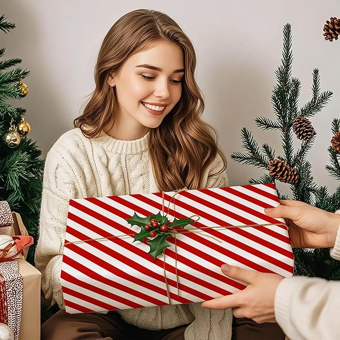 WRAPAHOLIC Reversible Wrapping Paper - Mini Roll - 17 Inch x 33 Feet - Red and Stripes Design for Christmas, Birthday, Holiday, Wedding, Baby Shower