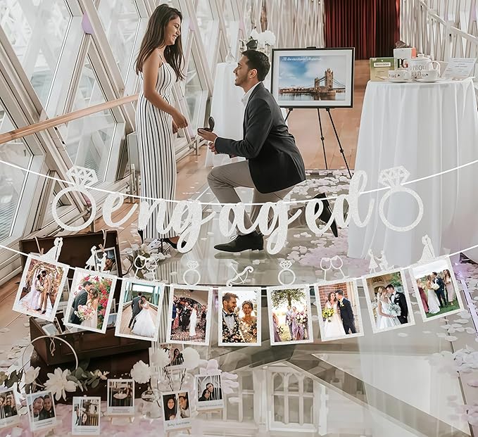 Pre-Strung Engaged Photo Banner - Silver Glitter Engagement Party Decoration Supplies with Romantic Memories Picture Card Frames for Bachelorette, Bridal Shower, Wedding Party Photo Booth Props