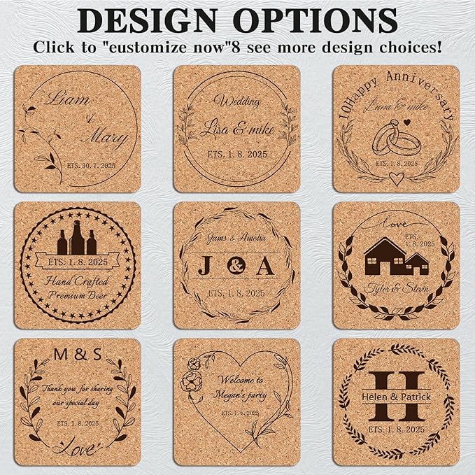Custom Coasters Personalized Cork Coasters Bulk with Logo Wedding Personalized Cork Natural Wood Engraved Drink for Wedding Favors (Cork Coasters - Square)