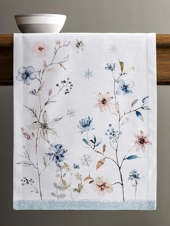 Maison d' Hermine Table Runner 100% Cotton Single Layer Table Runners 108 inches Long for Thanksgiving Christmas Decorations Home Kitchen Dining Party Wedding (Ice Florals, 14.5" x 108")