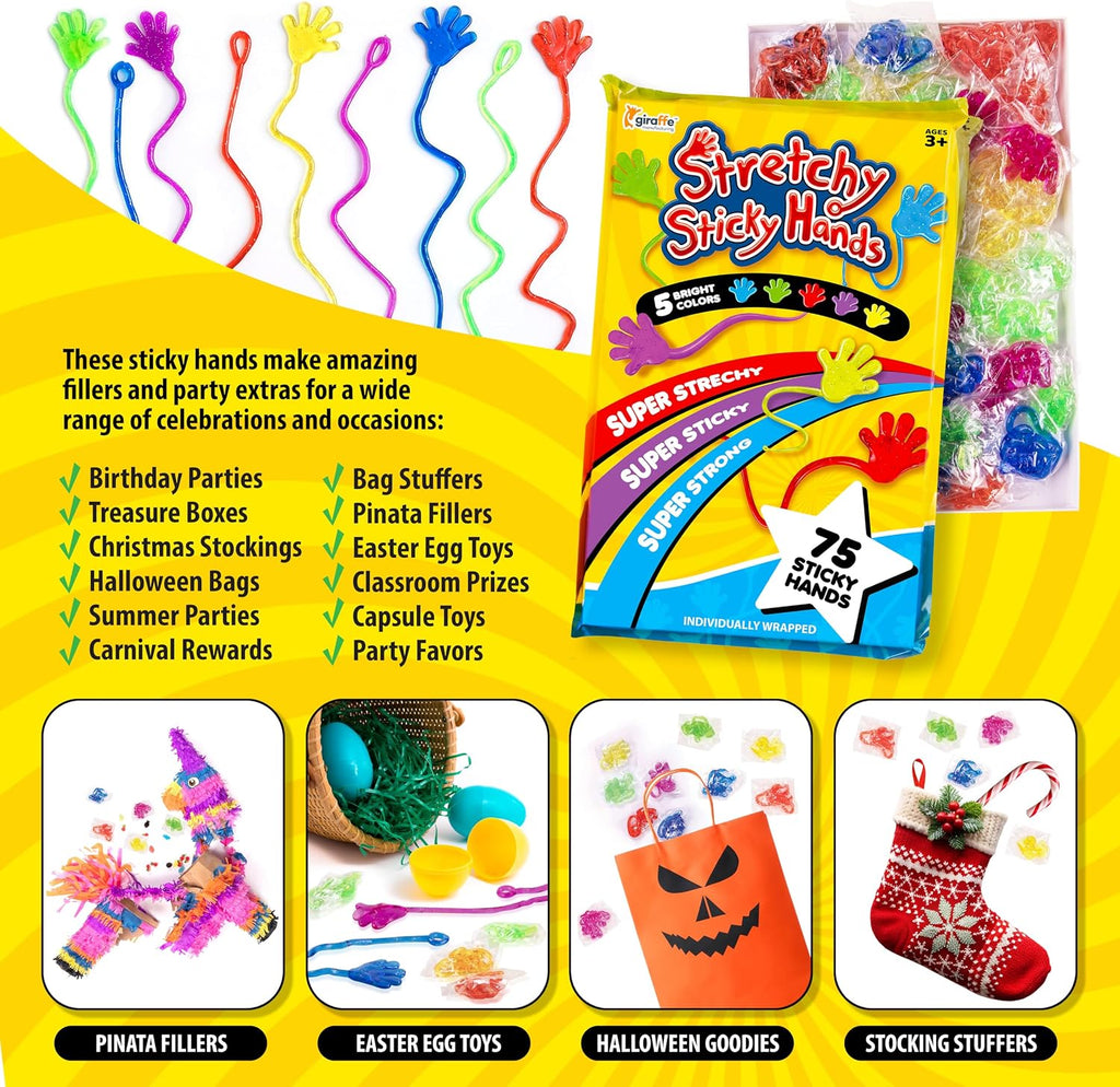 Giraffe 75 Pcs Bulk Sticky Hands for Kids – Stretchy Slap Hands Kids Summer Party Favors Bulk, Classroom Rewards, Birthday Prizes, Small Halloween Toys for Boys, Goodie Bag Stuffers for Kid