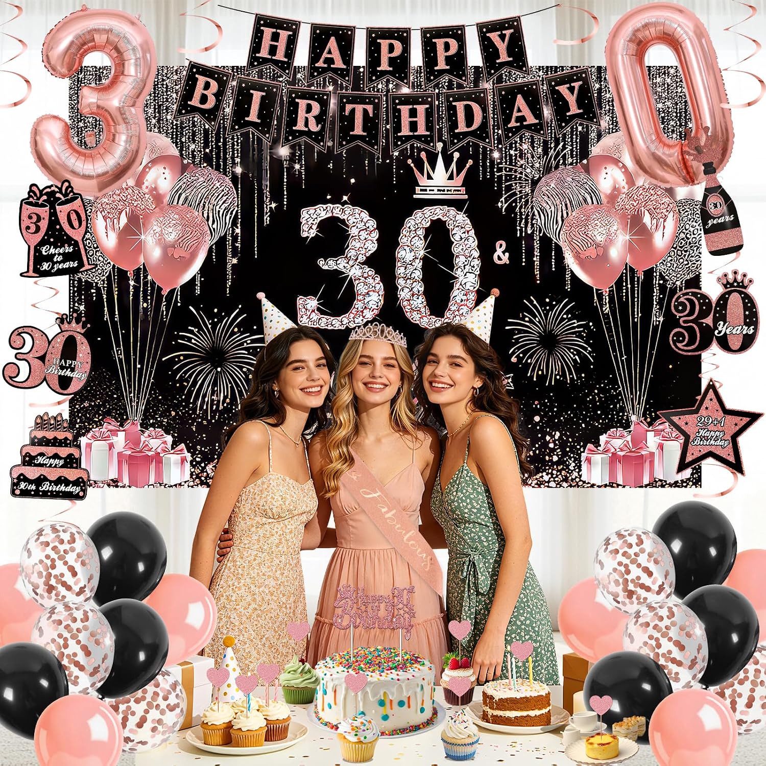 30th Birthday Decorations for Women, 50pcs Rose Gold Black 30th Birthday Decorations for Her with Banner Crown Sash Backdrop Cake Topper Balloons Hanging Swirl for 30 Years Old Birthday Party Supplies