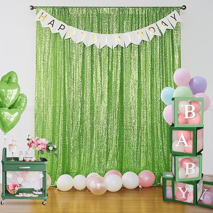 Sugargirl Apple Green Sequin Backdrop Curtain 4 Panels 2FTx8FT Glitter Apple Green Background Drapes Sparkle Photography Backdrop for Party Wedding Birthday Wall Decoration