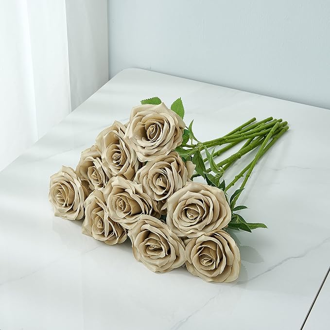 Artificial Rose 10pcs Open Flower Bouquet Faux Rose Stems for Wedding Arrangement, Bridal Bouquet, Centerpiece, Fake Faux Silk Flowers (Sand)