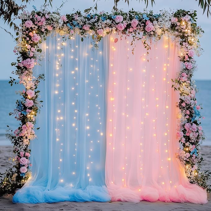 Tulle Backdrop Curtain with Lights String 10FT X 10FT Pink and Blue Sheer Tulle Backdrop Curtains for Wedding Birthday Party Reception Photo Booth Background Decorations (2 Panels 5x10FT)