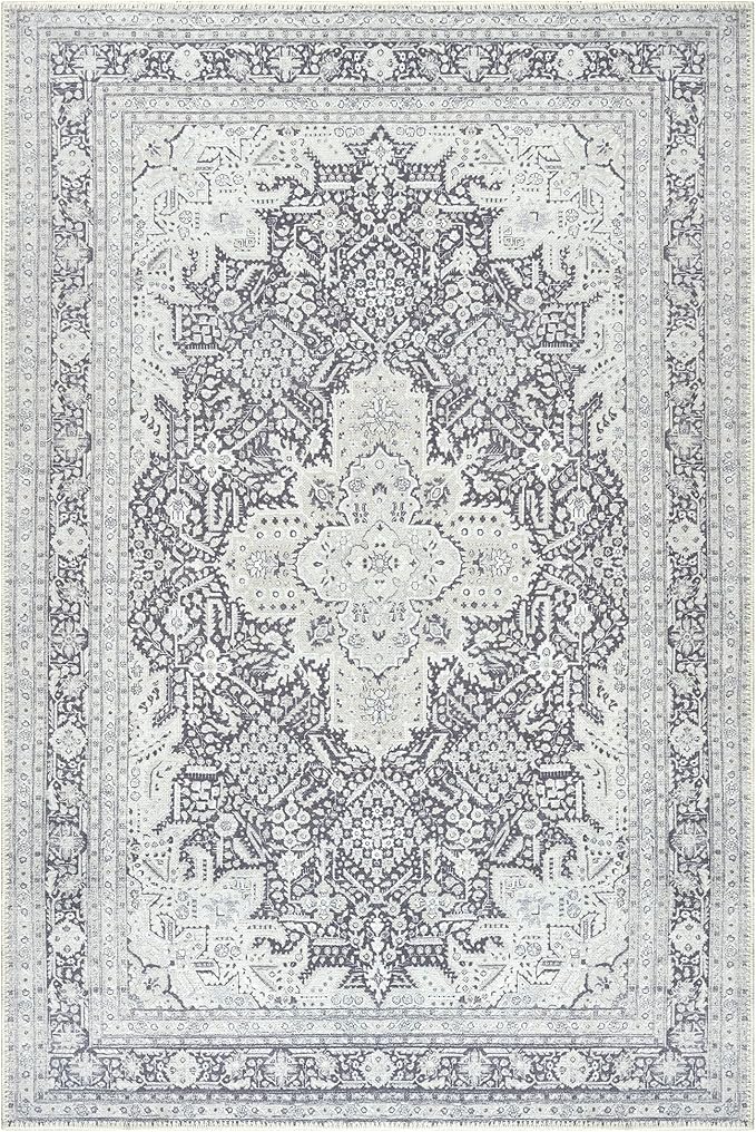 Bloom Rugs Washable Non-Slip 4' x 6' Rug - Charcoal Blue Traditional Medallion Area Rug for Living Room, Bedroom, Dining Room, and Kitchen - Exact Size: 4' x 6'