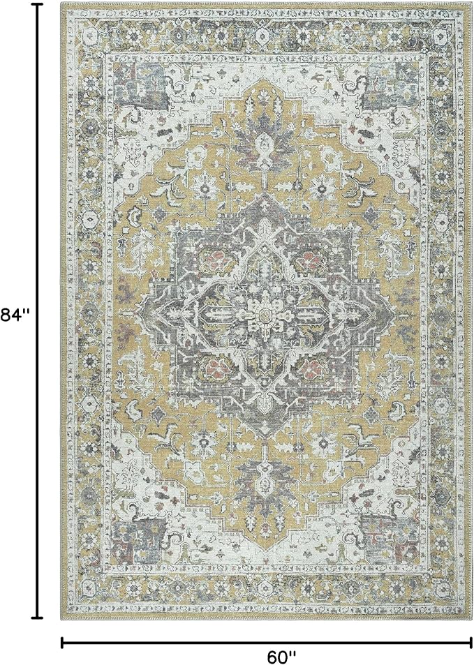 Bloom Rugs Washable Non-Slip 5' x 7' Rug - Yellow Traditional Medallion Area Rug for Living Room, Bedroom, Dining Room, and Kitchen - Exact Size: 5' x 7'