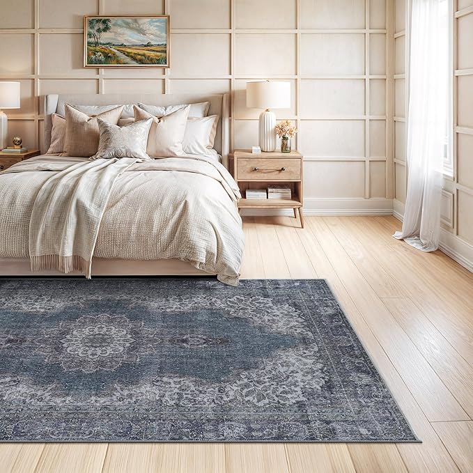 Bloom Rugs Washable Non-Slip 6' x 9' Rug - Dark Teal Traditional Medallion Area Rug for Living Room, Bedroom, Dining Room, and Kitchen - Exact Size: 6' x 9'