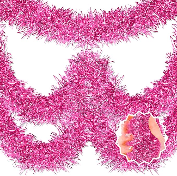 50 Feet Pink Christmas Tinsel Garland, Metallic Foil Twist Banner Wall Hanging Tinsel Streamers Backdrop for Parade Floats, Christmas, Mother's Day, Birthday Party Decorations(2in x 50ft)