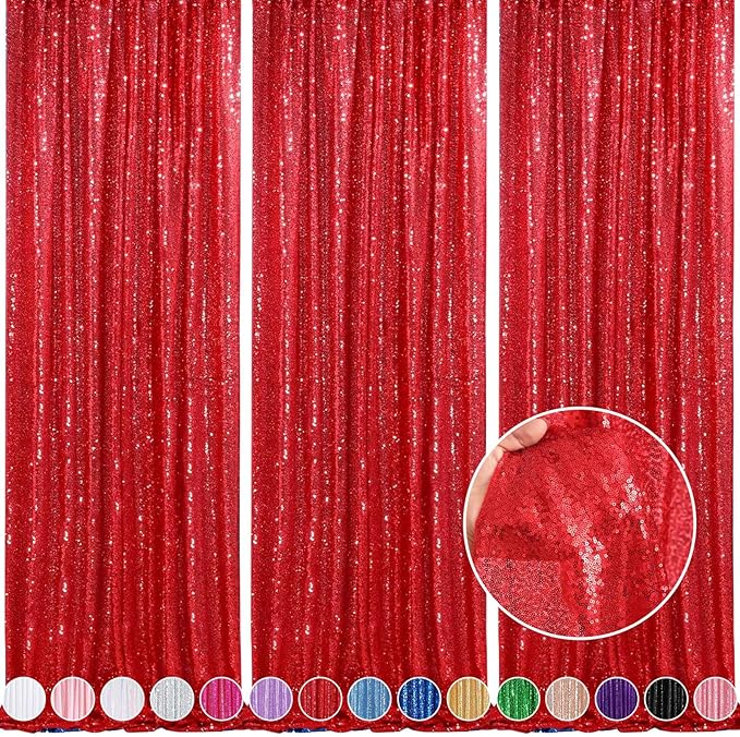 Red Curtains Birthday Sequin Backdrop, 3 Pack 2ft x 8ft Party Photography Background Drapes Christmas Decorations