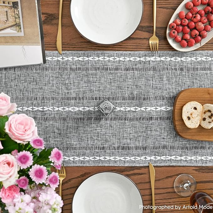 Artoid Mode Dark Grey Rustic Cotton Linen Table Runner, Seasonal Embroidered Hollow Kitchen Dining Table Decoration for Home Party Decor 13x90 Inch
