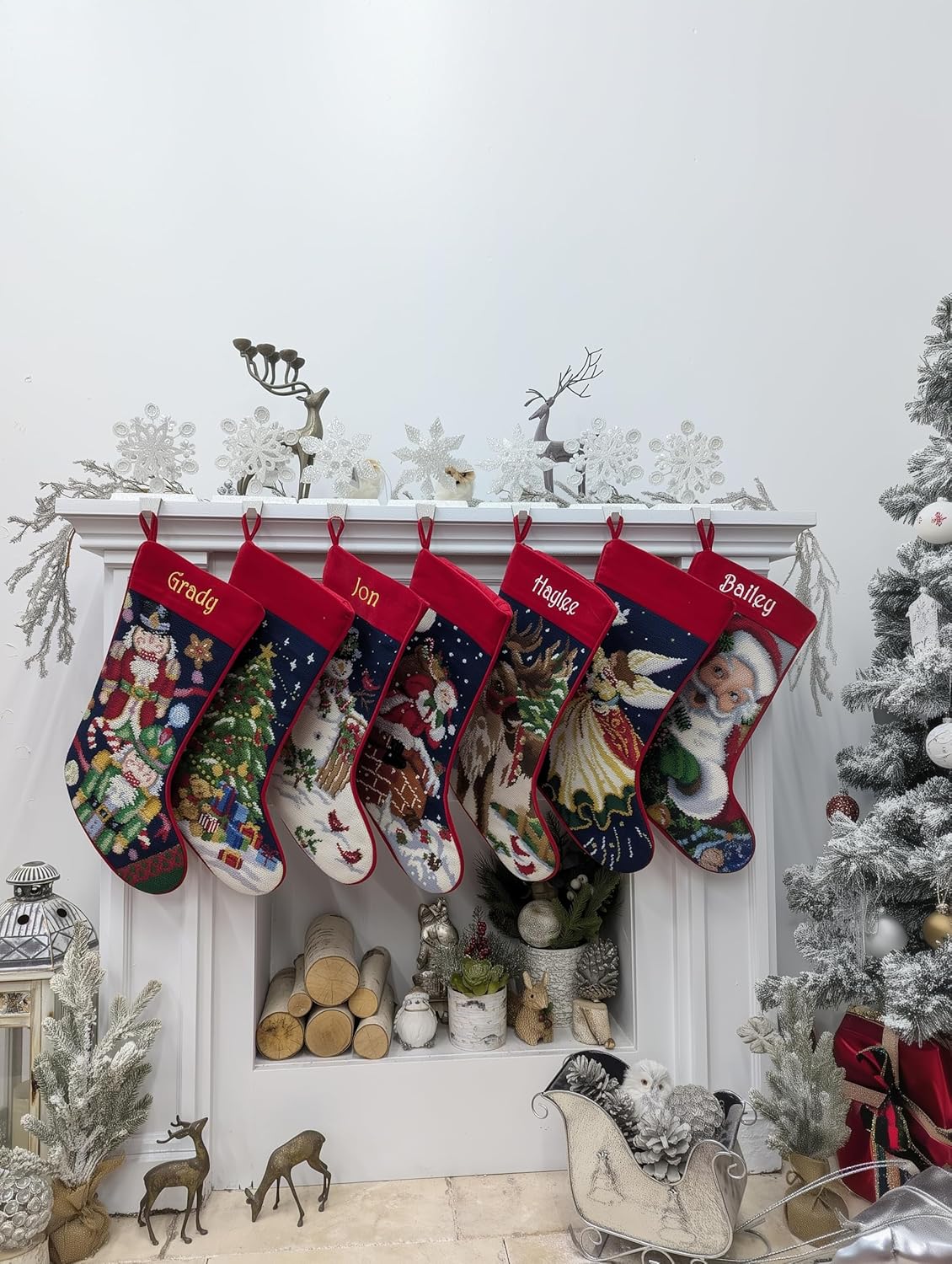 Santa on Chimney Needlepoint Christmas Stocking - Personalized Name Embroidery Family Holiday Keepsake Décor