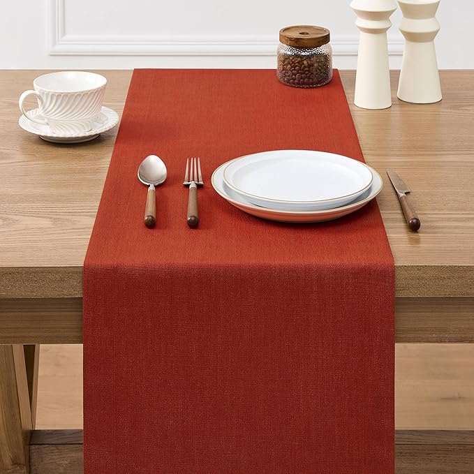 ZeeMart Linen Textured Border Table Runner, 14 x 60 Inch Orange, Farmhouse Style Burnt Orange Fall Table Runners 60 Inches Long, Easy Care Everyday Polyester Table Runner