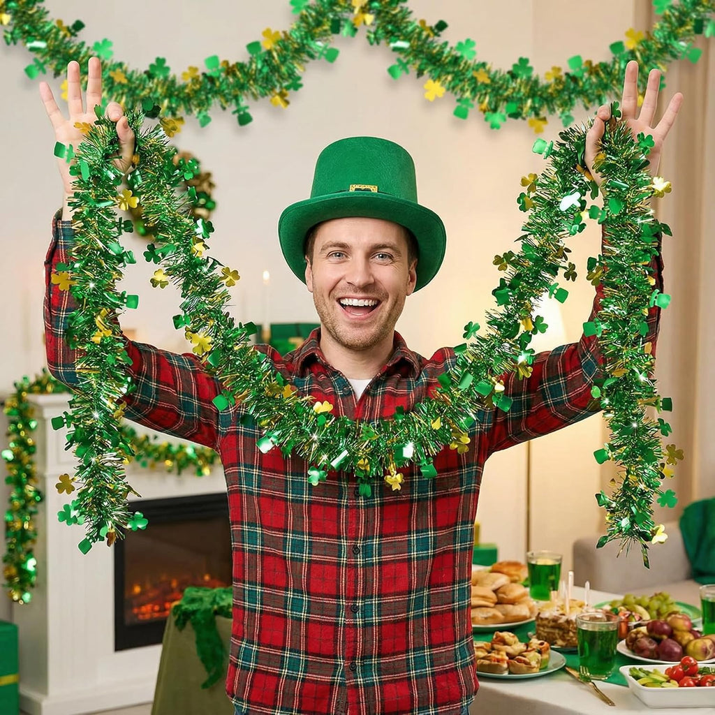【20/40/60/80 FT】 St Patricks Day Garland Decor Gold Green Shamrock Hat Tinsel Garland, Shiny Metallic Streamer Twist Garland Hanging St Patricks Day Decorations for Home Indoor Outdoor Party Supplies
