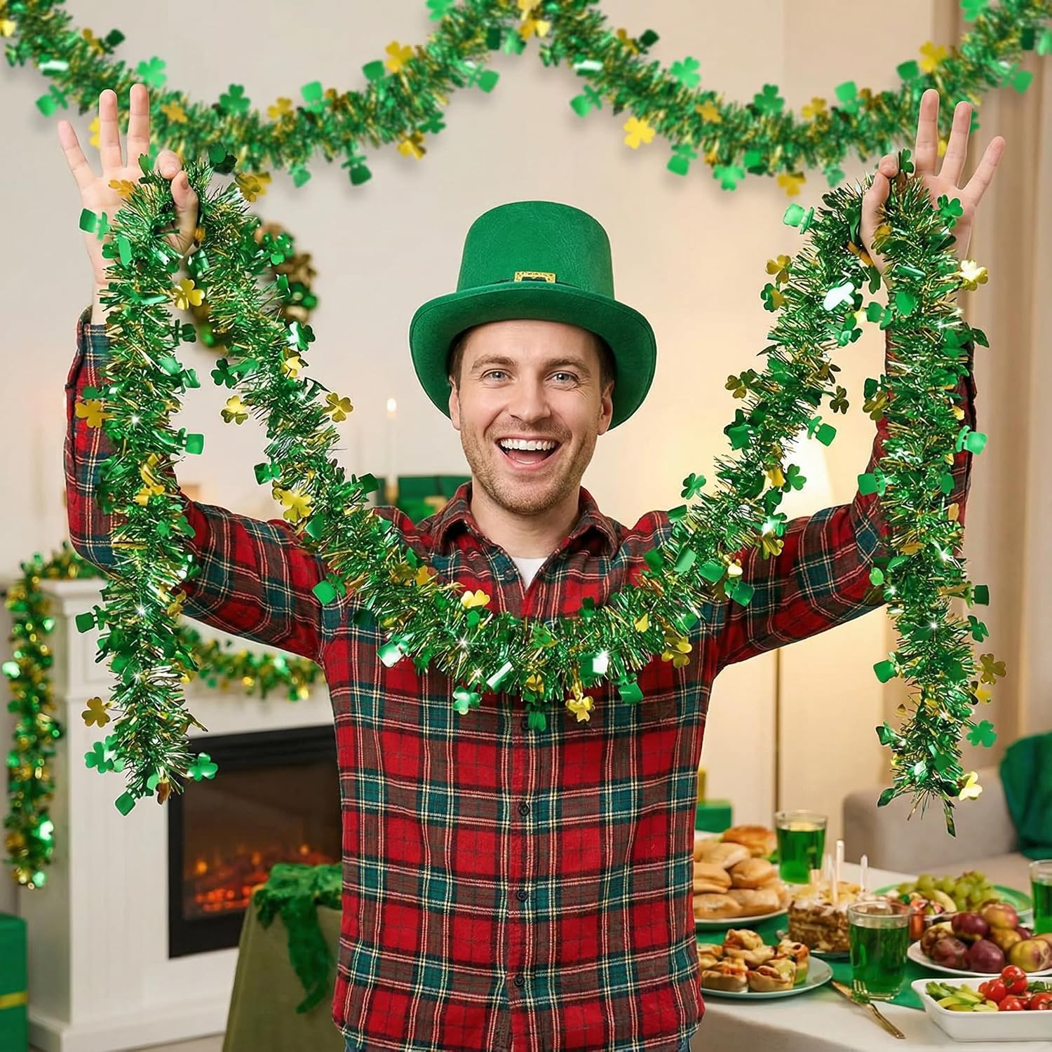 【20/40/60/80 FT】 St Patricks Day Garland Decor Gold Green Shamrock Hat Tinsel Garland, Shiny Metallic Streamer Twist Garland Hanging St Patricks Day Decorations for Home Indoor Outdoor Party Supplies