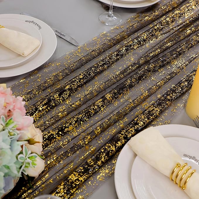 Snowkingdom 6 Pcs Black & Gold Cheesecloth Table Runner 10 FT, Sheer Chiffon Sparkle Gauze Mesh Runners 120 Inch, Glitter Table Centerpieces Decoration for Birthday Party Wedding Christmas Halloween