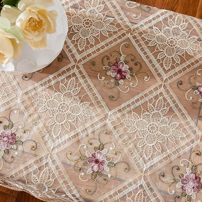 Warm Home Designs Gold Lace Table Runner. Embroidered with Intricate Flower Design. Can Be Used As Dresser Scarf or Dining Table Runner. VTR Linen 48