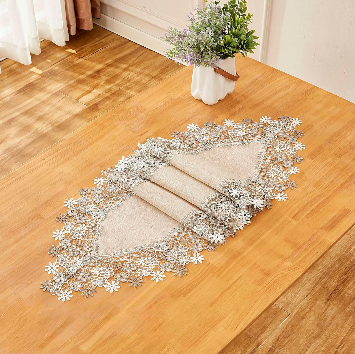Natural Beige Floral Lace Table Runner Dresser Scarf (16” x120”)