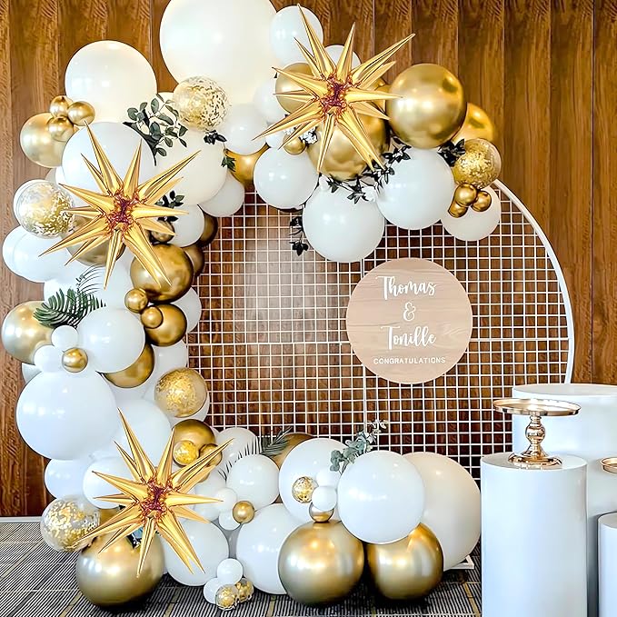 White and Gold Balloons Garland Arch Kit, 130Pcs White Metallic Gold Confetti Balloon with Star Foil Balloons for Birthday Wedding Engagements Graduation Baby Shower Anniversary Party Decorations