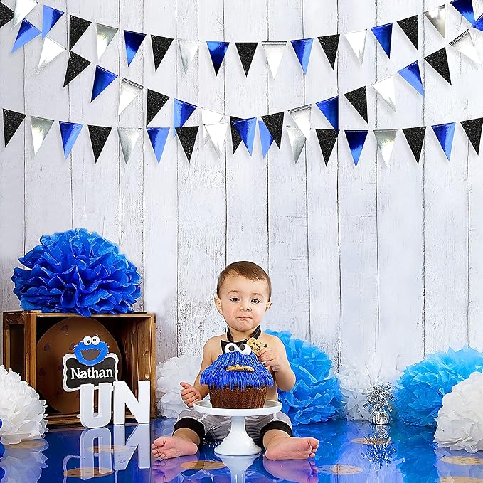 30Ft Navy Blue Black and Silver Party Decorations Royal Blue Triangle Flag Pennant Banner Bunting for Graduation Birthday Wedding Bridal Shower Nautical Ahoy Achor Theme Party Decorations Supplies