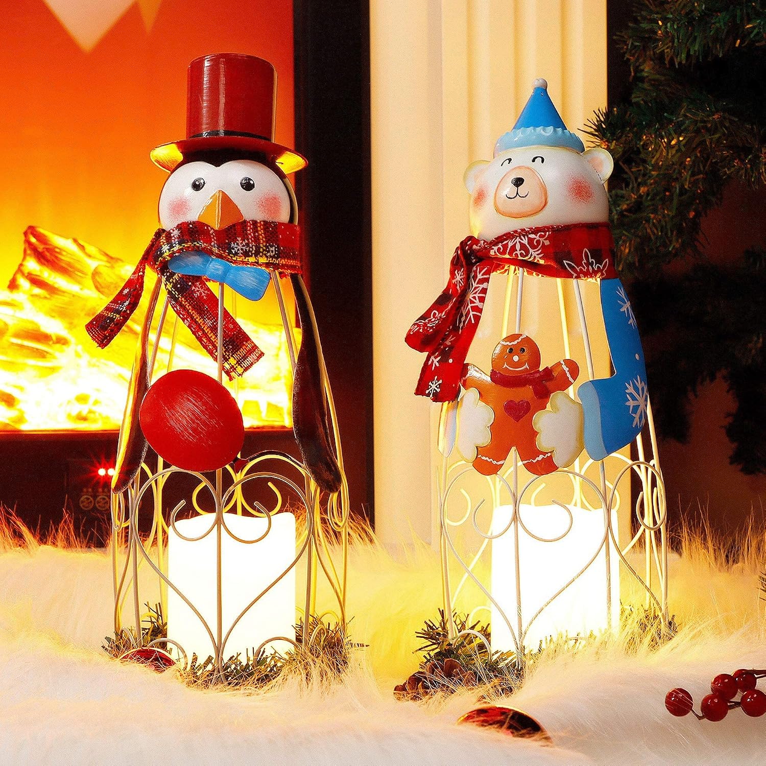 Lulu Home Christmas LED Candle Lanterns, 2 Pack 14.6 Inch Penguin Polar Bear with Battery Operated Candle Lights, Light Up Christmas Tabletop Decorations