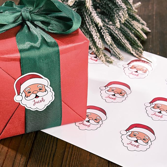 CALLIE Personalized Christmas Stickers with Custom Name, Waterproof Custom Christmas Name Tags Stickers, Peel and Stick Christmas Gift Tags (Cute Santa Claus)