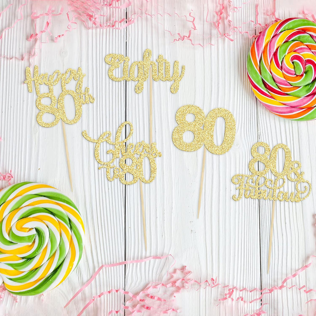 30 Pack Happy 80th Birthday Cupcake Toppers Gold Glitter Eighty Cheers to 80 Years Old Birthday Cupcake Picks for Happy 80th Anniversary Party Cake Decorations