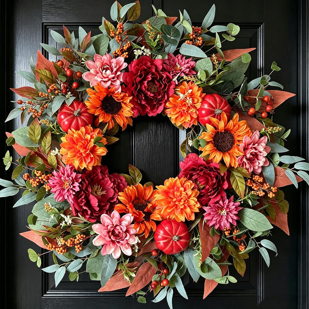 24" fall flower wreath with sunflowers peony pumpkins, main product view