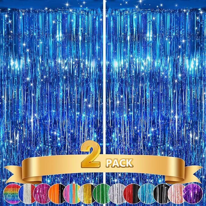 2Pack Blue Tinsel Backdrop Streamers, GCB Party Streamers Backdrop Foil Fringe Curtains for Wedding Birthdays Bachelorette Bridal Baby Shower, Graduation, Engagement Decors, Gender Reveal, Disco Party